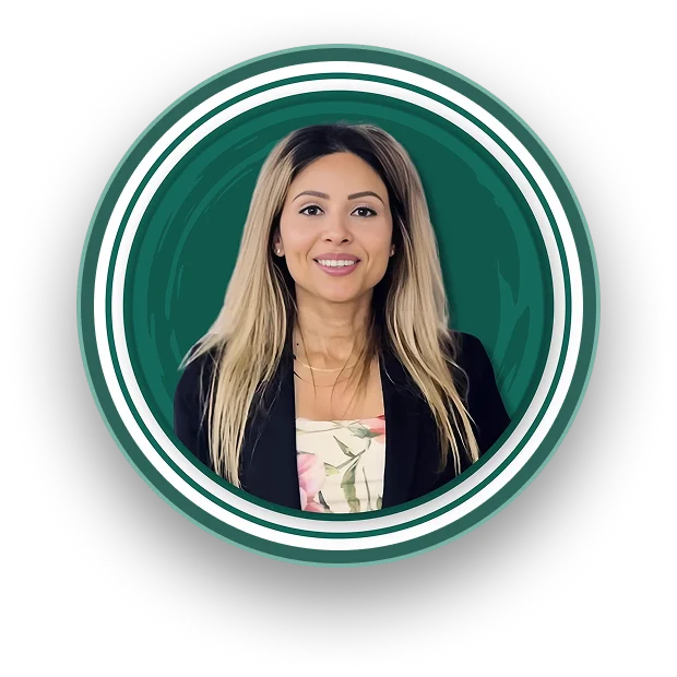 Professional portrait of a smiling woman with long blonde hair, wearing a black blazer and floral top, set against a green circular background with white rings.