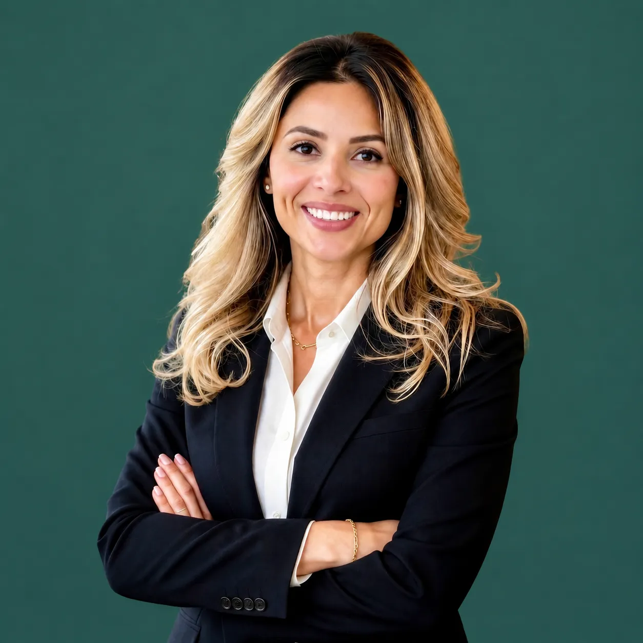 Professional woman with long blonde hair, black blazer, white shirt, smiling, arms crossed, green background.
