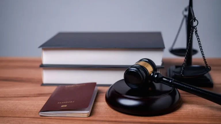 Dark wooden judge gavel on block, two thick books, passport, and black scales of justice.