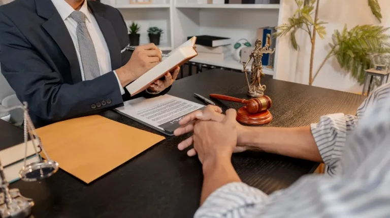 Businessman in dark suit writing in notebook, client with clasped hands, legal documents, gavel, and Lady Justice statuette on black desk.
