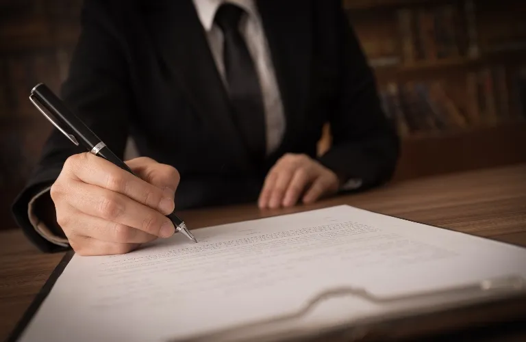 Person in black suit and tie holding black pen, writing on white document on wooden desk.